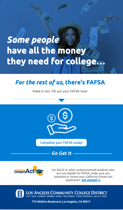 A woman with money flying through the air. Caption: Some people have all the money they need for college. For the rest of us, there's FAFSA."