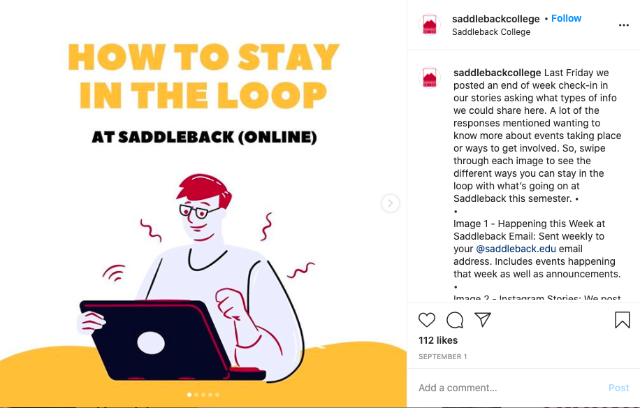 A carousel post from Saddleback College showing students how to stay in the loop for upcoming events.