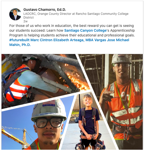 Screenshot of a LinkedIn post. A student who is graduating from Santiago Canyon College's Apprenticeship Program.