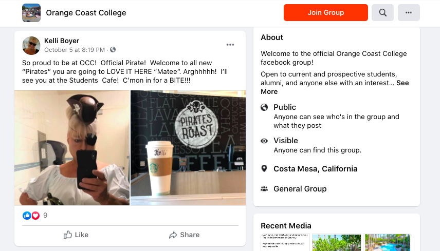 A screenshot of Orange Coast College's Facebook group, where one student posts her "Pirate" pride. Showing off school spirit and having a place where potential students can ask for help from current students is a huge boost for college enrollment.