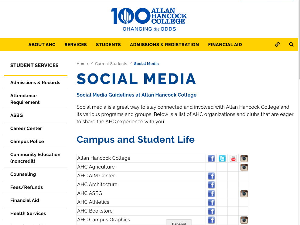 A screenshot of Allan Hancock College's social media index with over 35 social media channels.