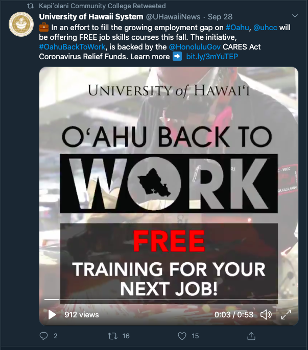 University of Hawaii System
@UHawaiiNews wrote: In an effort to fill the growing employment gap on #Oahu, 
@uhcc
 will be offering FREE job skills courses this fall. The initiative, #OahuBackToWork, is backed by the 
@HonoluluGov
 CARES Act Coronavirus Relief Funds.