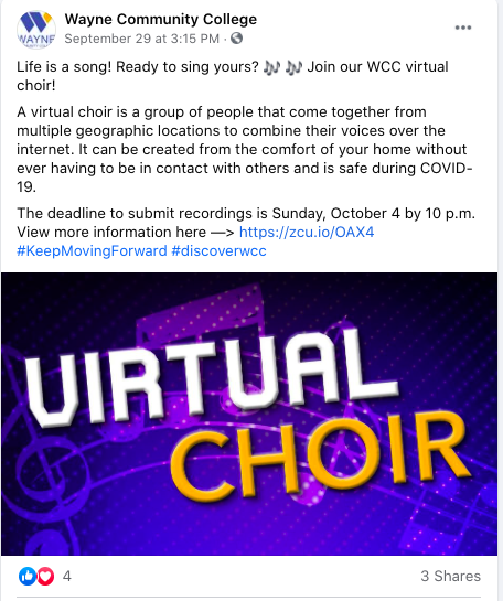Wayne Community College's virtual choir, an example of some creative online events.