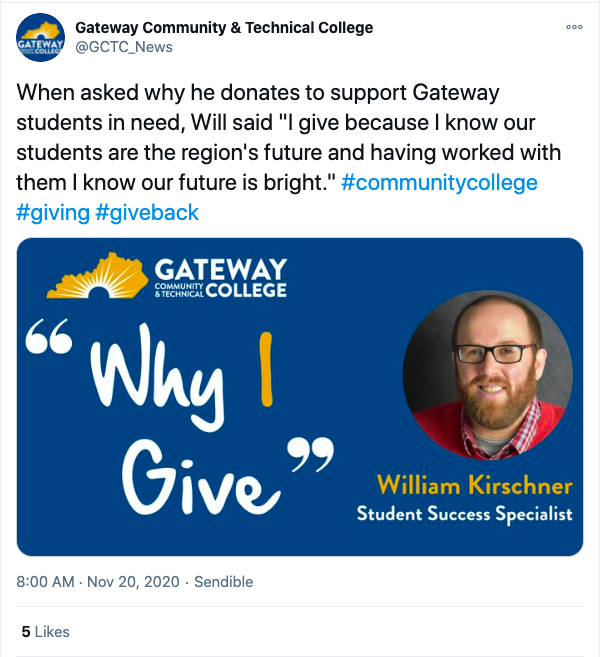 Grateful for giving back

@GCTC_News on Twitter:

When asked why he donates to support Gateway students in need, Will said: 

"I give because I know our students are the region's future and having worked with them I know our future is bright." 

#communitycollege #giving #giveback
