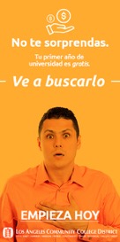 Advertisement for the Los Angeles Community College District of a man looking shocked in an orange overlayed image. 
