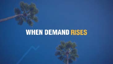 Still from an animated video from College of the Desert of palm trees against a blue sky with text in the middle, reading When Demand Rises. 