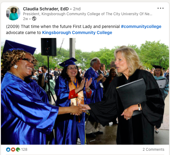 Grateful for first ladies! Posted on LinkedIn by the president of Kingsborough Community College. She shook hands with Jill Biden at the College in 2009!