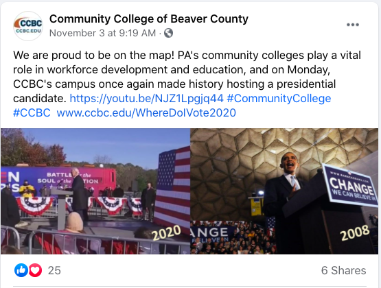 Grateful for community colleges in PA. Pictured here is the college hosting Obama in 2008 and Biden in 2020.

@CCBCedu on Facebook:

We are proud to be on the map! PA's community colleges play a vital role in workforce development and education. On Monday, CCBC's campus once again made history hosting a presidential candidate. https://youtu.be/NJZ1Lpgjq44 #CommunityCollege #CCBC  www.ccbc.edu/WhereDoIVote2020