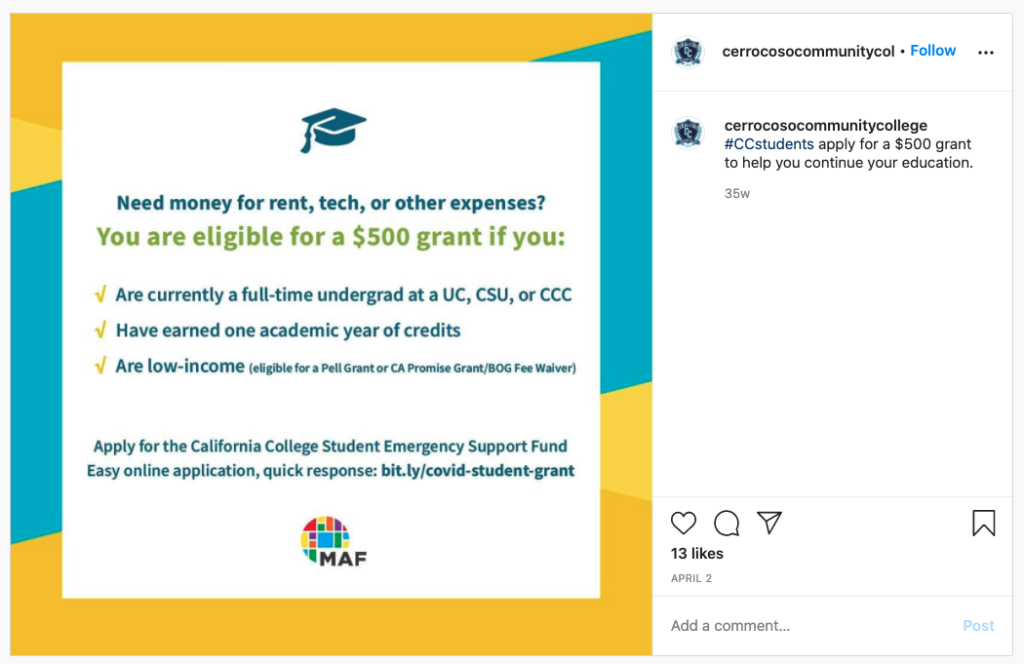 In April, @cerrocosocommunitycollege posted on Instagram.
#CCstudents apply for a $500 grant to help you continue your education.
