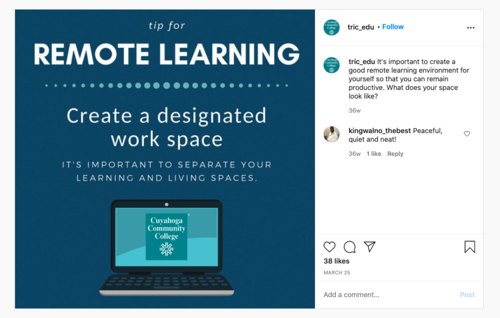 No holiday sing-a-long would be complete without remote learning tips! 
In March, @tric_edu posted this on Instagram.

It's important to create a good remote learning environment so you can remain productive. What does your space look like?