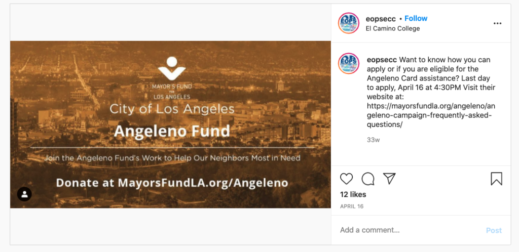In April, @eopsecc posted on Instagram.
Want to know how you can apply... for the Angeleno Card assistance? Last day to apply, April 16 at 4:30PM. 