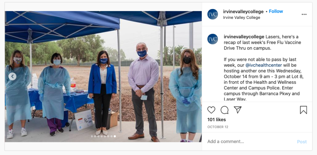 Staying healthy? We think it merits a mention in our holiday sing-a-long.

@irvinevalleycollege posts on Instagram.

Lasers, here's a recap of last week's Free Flu Vaccine Drive Thru on campus.

If you were not able to pass by last week? Our @ivchealthcenter will be hosting another one... 

This year, it is important to get the vaccine due to the COVID-19 pandemic. Not only to prevent the flu... but also save medical resources and protect health care workers caring for people with COVID-19.

For questions, connect with @ivchealthcenter.

#irvinevalleycollege #irvine #ivc #college #fluvacccine #flushot