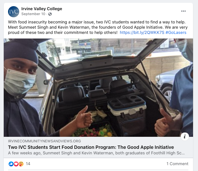 @IrvineValley posts on Facebook.

With food insecurity becoming a major issue, two IVC students wanted to find a way to help. Meet Sunmeet Singh and Kevin Waterman, the founders of Good Apple Initiative. We are very proud of these two and their commitment to help others!  #GoLasers