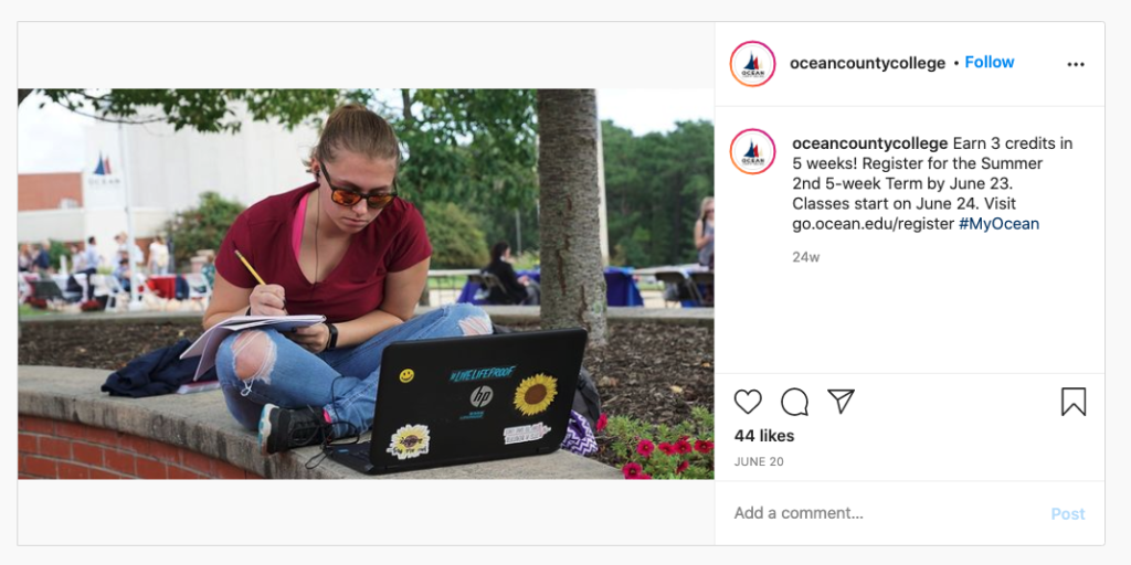 Knocking out college credit on the quick? We'll make a holiday sing-a-long about that!

In June, @oceancountycollege posted on Instagram.

Earn 3 credits in 5 weeks! Register for the Summer 2nd 5-week Term by June 23. Classes start on June 24. #MyOcean