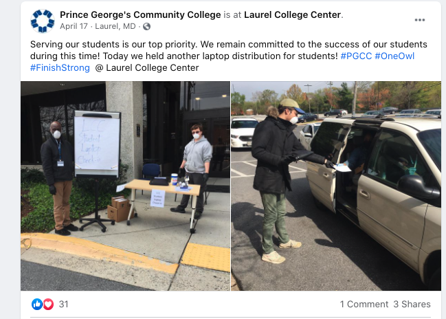 @PGCCNEWS posts on Facebook.

Serving our students is our top priority. We remain committed to the success of our students during this time! Today we held another laptop distribution for students! #PGCC #OneOwl #FinishStrong  @ 