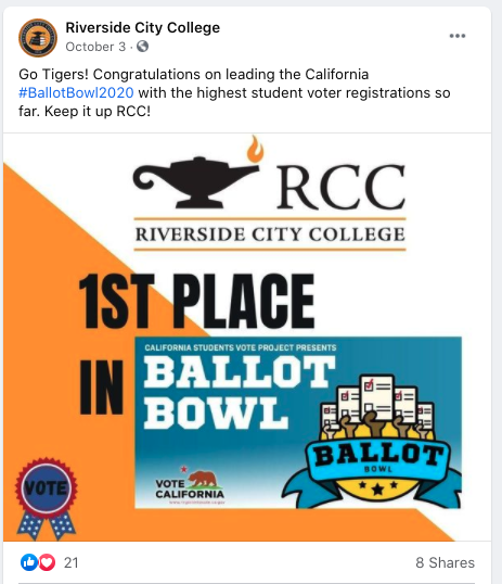 Voting definitely has its time to shine in this year's holiday sing-a-long!

Riverside City College
posed on Facebook.
Go Tigers! Congratulations on leading the California #BallotBowl2020. We have the highest student voter registrations so far. Keep it up RCC!