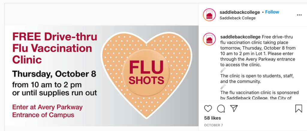 
@saddlebackcollege posts on Instagram.

Free drive-thru flu vaccination clinic taking place tomorrow...

The clinic is open to students, staff, and the community.

#saddlebackcollege
#saddleback
