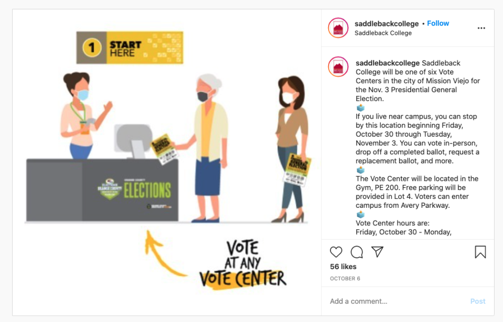 @saddlebackcollege posts on Instagram.

Saddleback College will be one of six Vote Centers... for the Nov. 3 Presidential General Election.

If you live near campus, you can stop by this location... 
You can 
• vote in-person
• drop off a completed ballot
• request a replacement ballot
• and more.