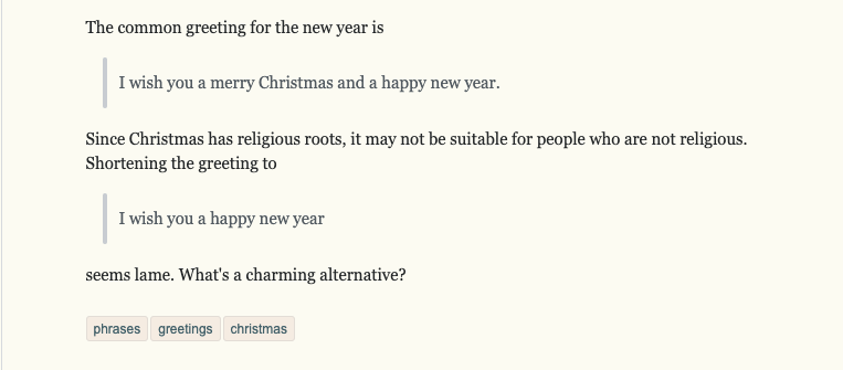 An English Language & Usage Stack Exchange question:

The common greeting for the new year is

"I wish you a merry Christmas and a happy new year."

Since Christmas has religious roots, it may not be suitable for people who are not religious. Shortening the greeting to

"I wish you a happy new year"

seems lame. What's a charming alternative?