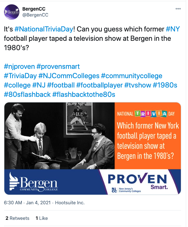 2021? What about 1980!

Bergen Community College Posts on Twitter as @BergenCC:

It's #NationalTriviaDay! Can you guess which former #NY football player taped a television show at Bergen in the 1980's?