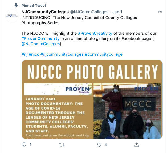 NJ Community Colleges to make an online photo gallery in 2021. 

NJCommunityColleges posts on Twitter as @NJCommColleges:

INTRODUCING: The New Jersey Council of County Colleges Photography Series 

The NJCCC will highlight the #ProvenCreativity of the members of our #ProvenCommunity in an online photo gallery on its Facebook page.