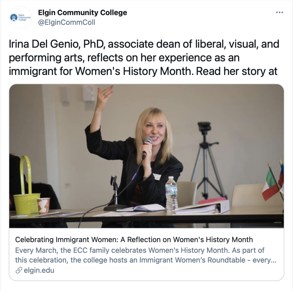 Elgin Community College
@ElginCommColl posts on Twitter.

Irina Del Genio, Ph.d., associate dean of liberal, visual, and performing arts, reflects on her experience as an immigrant for Women's History Month. Read her story.