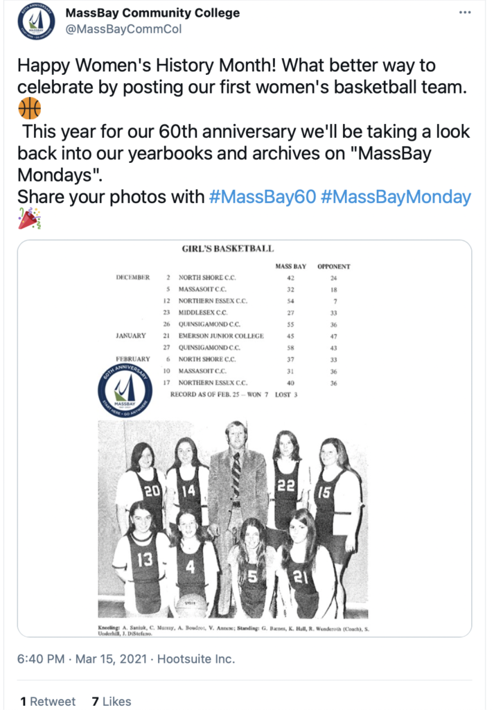 @MassBayCommCol writes on Twitter.
Happy Women's History Month! What better way to celebrate by posting our first women's basketball team.
 This year for our 60th anniversary we'll be taking a look back into our yearbooks and archives on "MassBay Mondays".
Share your photos with #MassBay60 #MassBayMonday 