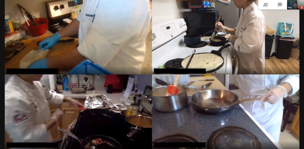 Four students cook simultaneously on Zoom during distance learning.