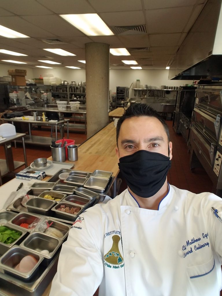An image of Chef Matt in the school's cooking lab about to record for distance learning.
