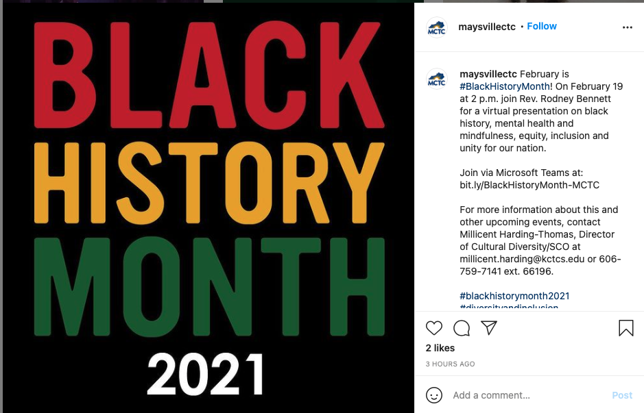 @maysvillectc
February is #BlackHistoryMonth! Join Rev. Rodney Bennett for a virtual presentation on black history, mental health and mindfulness, equity, inclusion and unity for our nation.

