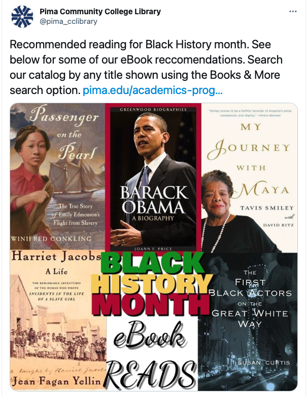 Pima Community College Library

Recommended reading for Black History month. See below for some of our eBook recommendations. 

Titles: Passenger on the Pearl, Barack Obama a Biography, My Journey with Maya, Harriet Jacobs a Life, and The First Black Actors on the Great White Way.