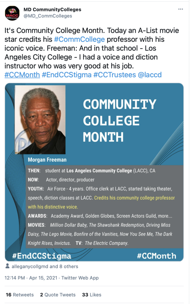 
It's Community College Month. Today an A-List movie star credits his #CommCollege professor with his iconic voice. Freeman: And in that school - Los Angeles City College - I had a voice and diction instructor who was very good at his job.
#CCMonth #EndCCStigma 
@laccd

