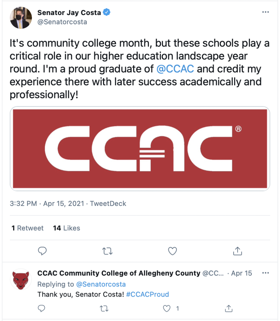 
It's community college month, but these schools play a critical role in our higher education landscape year round. I'm a proud graduate of 
@CCAC
 and credit my experience there with later success academically and professionally!

