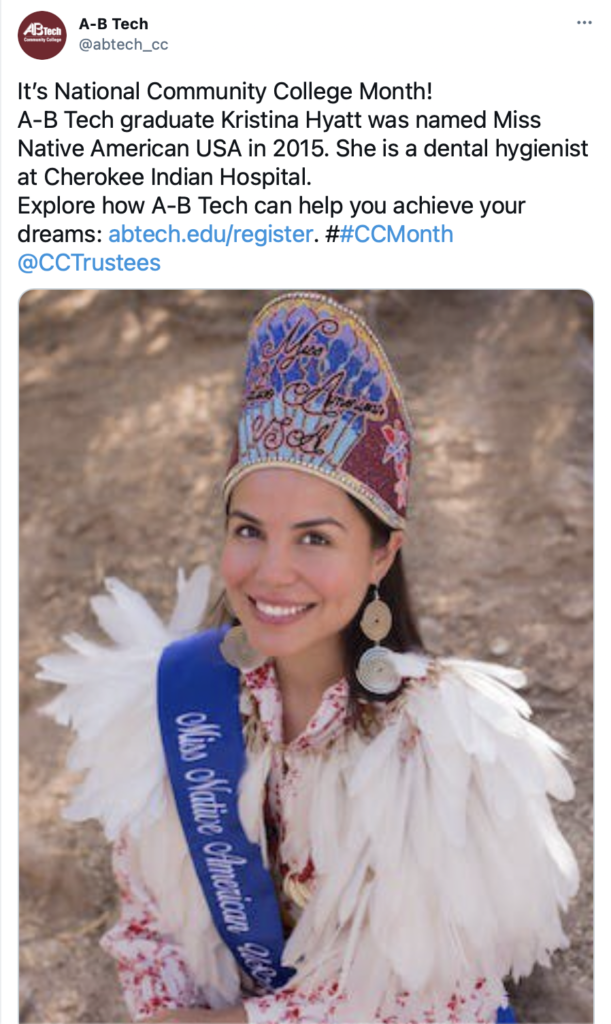 It’s National Community College Month! 
A-B Tech graduate Kristina Hyatt was named Miss Native American USA in 2015. She is a dental hygienist at Cherokee Indian Hospital.
Explore how A-B Tech can help you achieve your dreams. #CCMonth 



