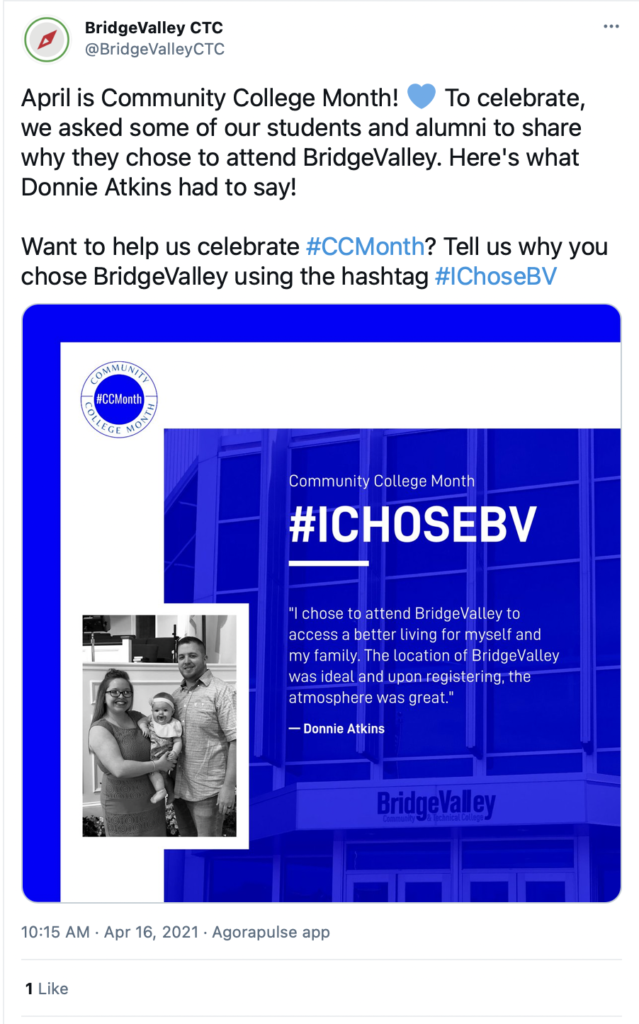 April is Community College Month! To celebrate, we asked some of our students and alumni to share why they chose to attend BridgeValley. Here's what Donnie Atkins had to say!

Want to help us celebrate #CCMonth? Tell us why you chose BridgeValley using the hashtag #IChoseBV



