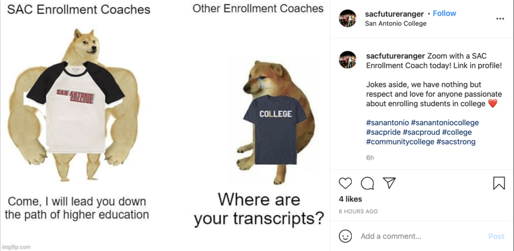 Zoom with a SAC Enrollment Coach today! Link in profile!

Jokes aside, we have nothing but respect and love for anyone passionate about enrolling students in college ❤️

#sanantonio  #communitycollege #sacstrong