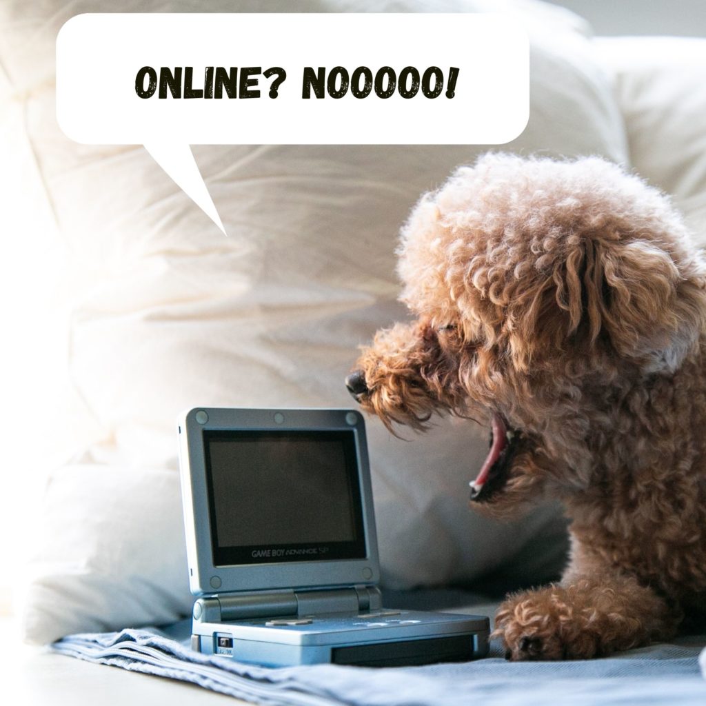 A cute dog barks at a game boy and says, "Online? No!"